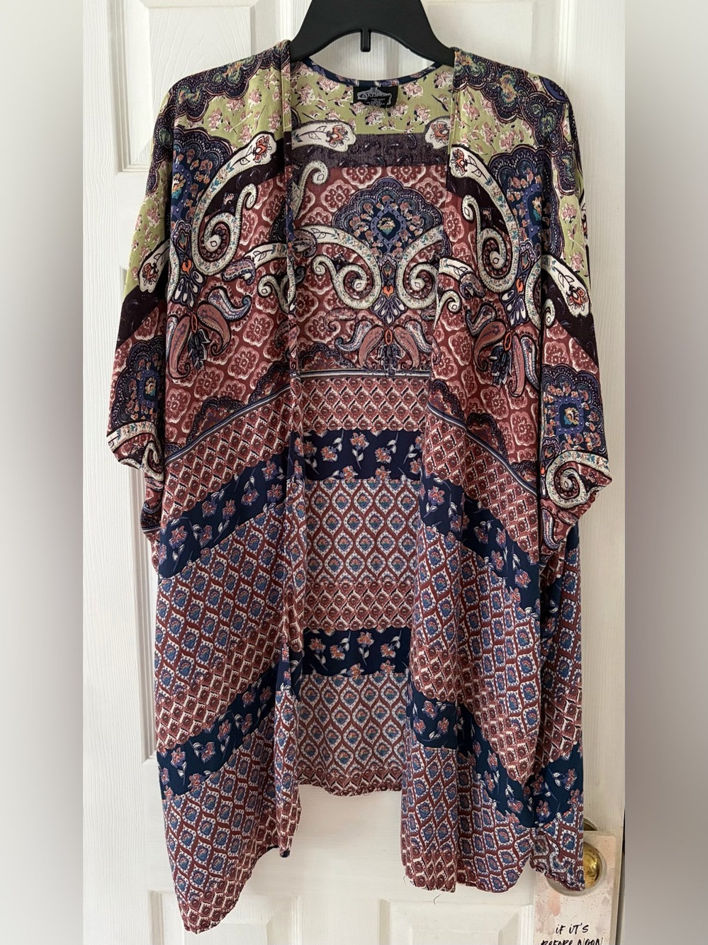 Angie Multicolor Paisley & Geometric Open-Front Kimono - Olive, Navy & Burgundy